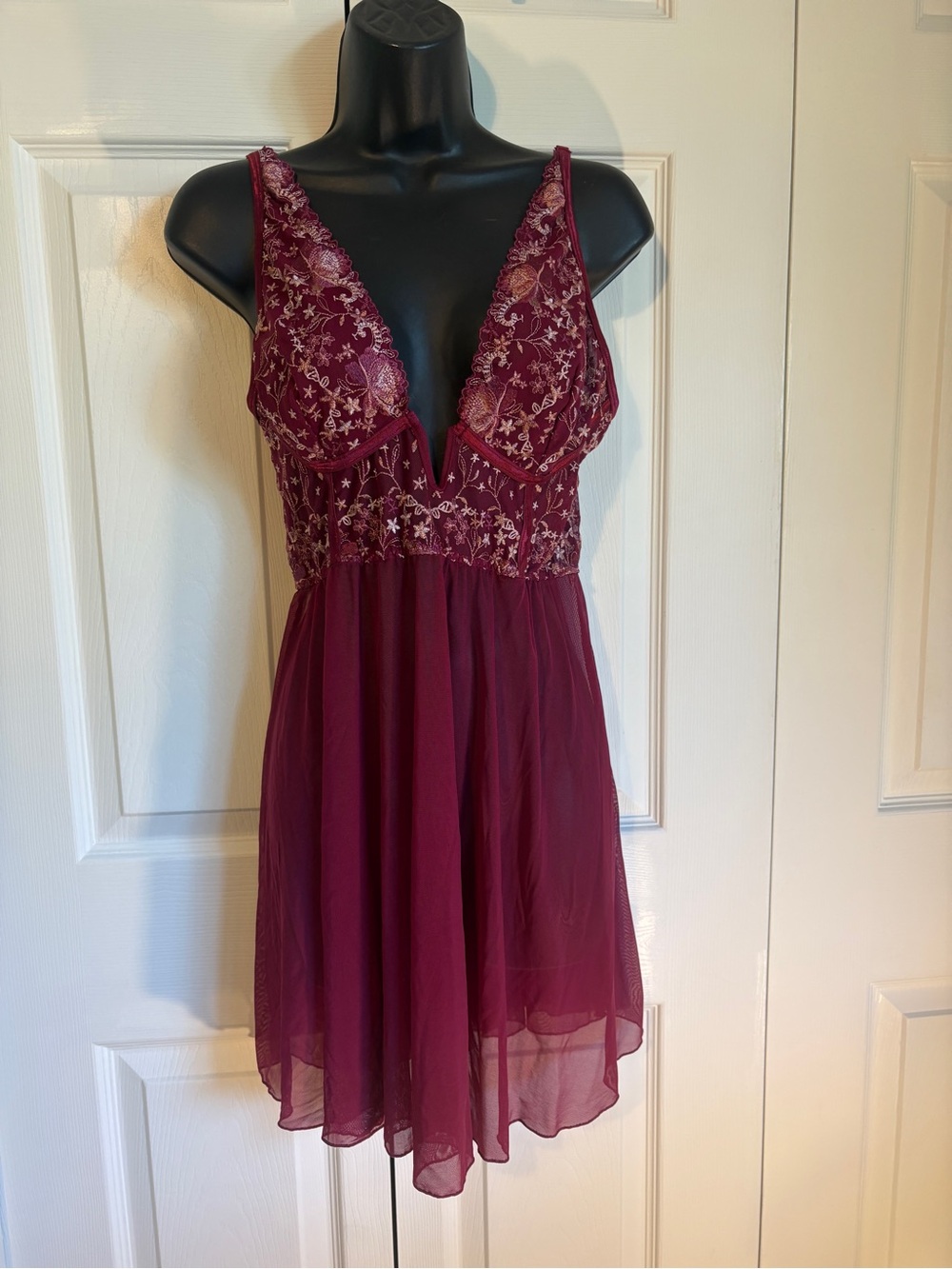 Women's Deep Burgundy Embroidered V-Neck lingerie